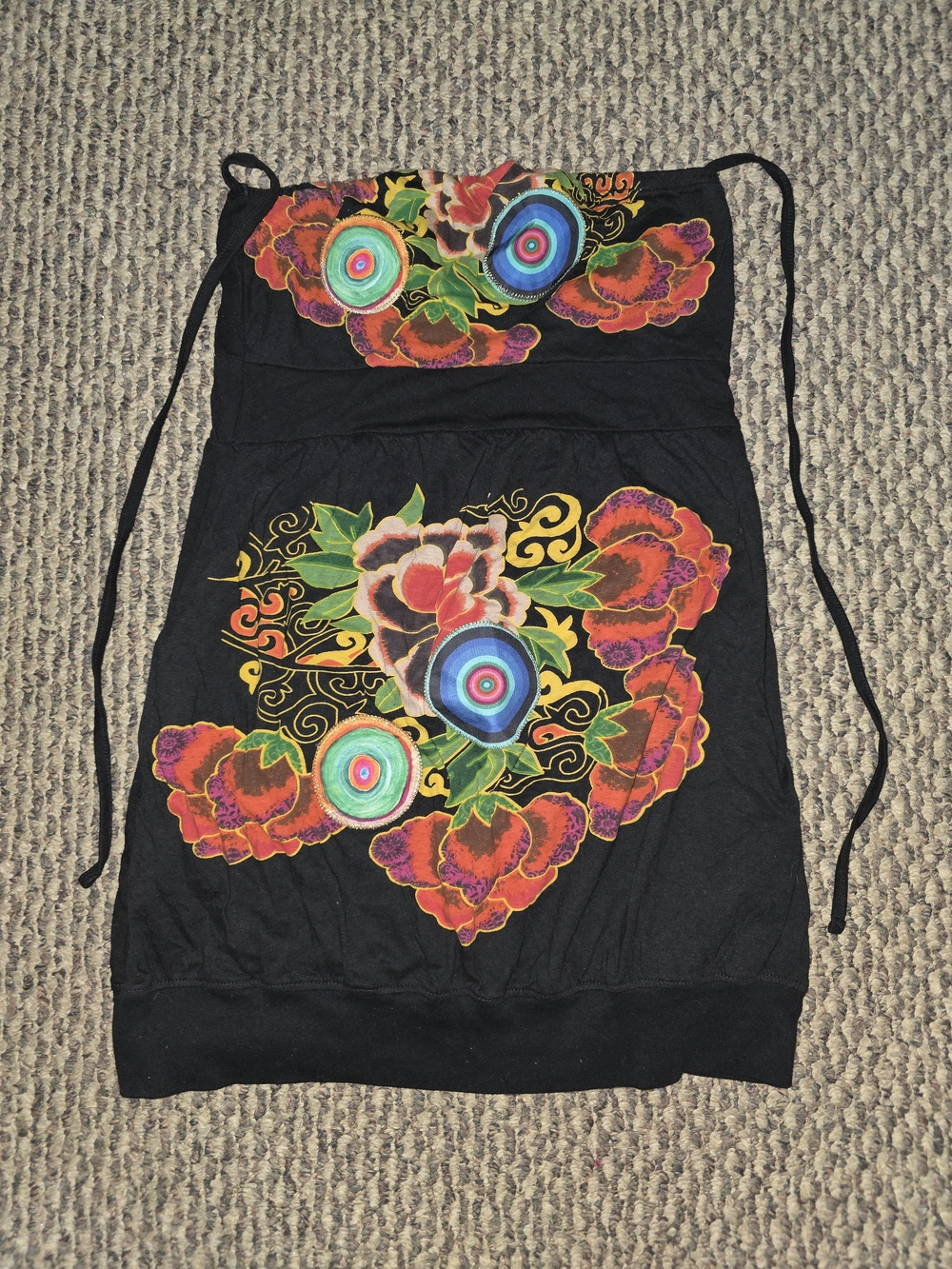 Desigual Black Floral Strapless Dress with Colorful Target Motif